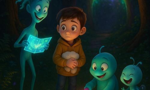 Ten-year-old Leo stands center, shy and wide-eyed with short brown hair, wearing a worn yellow hoodie and clutching a small cloud-like pillow as he curiously looks at three friendly aliens: Blip, tall and thin with floating blue hair and iridescent green-blue skin, smiling and holding a floating glowing map to Leo's left; Zazzy, squat and kneeling with pink-glowing fingertips, pointing a candy-shaped scanner at a sparkling puddle to Leo's right; and Momo, smaller with bouncing shoes and a chattering silver gadget, hopping and laughing behind them; they meet at the edge of a forest at twilight in a wet grassy clearing with ferns, knotted tree trunks, small phosphorescent flowers and a mirror-like puddle reflecting colorful images, a green-and-violet portal light behind them, warm, soft late-day lighting, saturated contrasting colors, and a detailed expressive 3D style.