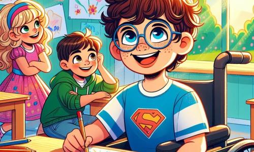 Un ragazzo di 12 anni, di nome Matteo, è seduto sulla sua sedia a rotelle, con un grande sorriso sul viso. Ha capelli castani disordinati, occhiali tondi e indossa una maglietta blu con un disegno di supereroe. I suoi occhi brillano di eccitazione e determinazione mentre disegna su un grande foglio di carta. Accanto a lui, una ragazza di 11 anni, Sofia, con capelli ricci e biondi, si china per ammirare il suo disegno. Indossa un vestito colorato e ha un'aria entusiasta. Un altro ragazzo, Lorenzo, di 12 anni, si trova dietro di loro, con uno sguardo curioso e le braccia incrociate, pronto a dare la sua opinione. La scena si svolge in un'aula luminosa, con muri decorati da disegni di bambini e finestre che lasciano entrare la luce del sole. Matteo e i suoi amici stanno lavorando insieme a un progetto di disegno, creando un supereroe che rappresenta l'inclusività e l'amicizia. L'atmosfera è gioiosa e collaborativa, piena di risate e incoraggiamenti.