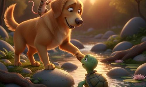 Max, een hond met glanzende honingkleurige vacht, kijkt opgelucht en blij; hij staat op de oever met zijn voorpoten op een grote steen en reikt voorzichtig een poot om te helpen; Timmy, een kleine groene schildpad met ruwe schild en gouden accenten, zit tussen twee stenen in de rivier vast, hoofd uit het water en dankbare blik; Mia, een piepkleine grijze muis met roze oren, springt van opwinding op Max' schouder en klapt met haar pootjes; Lila, een gestreepte poes in bruin en crème, hurkt op de oever achter Max met opgerolde staart en aandachtige blik; de heldere, fonkelende rivier weerspiegelt de oranje zonsondergang, met gladde stenen, groene mos, enkele waterlelies en een dikke boomwortel; hoofdscène: warme redding bij schemering — zachte gebaren, opspringend water, opgeluchte gezichten en warme kleuren; visuele stijl: 3D animatiefilm, zachte texturen, gouden verlichting, verzadigde kleuren, overdreven vriendelijke expressies en een geruststellende sfeer.