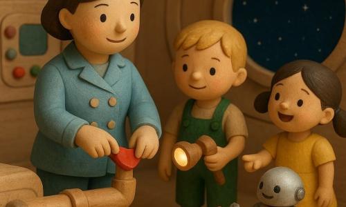 A smiling, serene woman captain with short brown hair and a light blue jacket with round buttons confidently presses a small shiny red patch onto a leaking pipe while an about 8-year-old blond boy in green overalls holds a wooden lamp to light the repair, a 5-year-old girl with two black pigtails in a yellow dress laughs and points at the round window, and a small round silver toy robot brings a colorful toolbox and rolls nearby; the scene is inside a painted wooden spaceship cabin with rounded panels, a circular porthole showing a dark blue starry sky, a control panel with red and green painted buttons, warm atmosphere, soft light, pastel colors, obvious wood textures, diorama composition focused on the action.