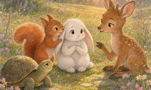 Un pequeño conejo blanco llamado Nube, pelaje esponjoso, ojos grandes y orejas ligeramente caídas, sentado sobre un cojín de hierba con las patas recogidas y expresión apacible; Lía, una ardilla roja de cola lustrosa, sonriente y susurrando, apoyando una pata en el hombro del conejo; Nico, un joven ciervo de pelaje castaño claro, orejas atentas, sentado un poco atrás contando una historia con voz baja; una tortuga sabia de caparazón verde y marrón observando con serenidad al frente; pradera amplia de flores silvestres y hierba ondulante bajo una luz dorada de tarde, árboles difuminados al fondo; ambiente íntimo, calmado e inclusivo con risas contenidas; estilo acuarela delicada con toques de bolígrafo gel blanco para iluminar ojos, pétalos y reflejos.