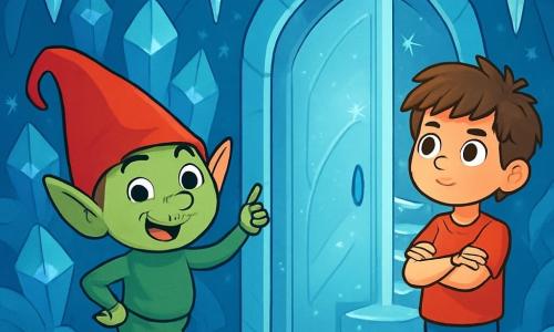 Um duende travesso, Tico, com um corpo verde vibrante, um grande chapéu vermelho pontudo e botas douradas brilhantes, está em frente a uma porta de gelo, exibindo um sorriso malicioso e olhos brilhantes de curiosidade. Ao lado dele, Lucas, um garoto de 10 anos com cabelos castanhos bagunçados e bochechas rosadas, observa a porta com admiração, braços cruzados e um olhar determinado. O local é uma caverna mágica, com paredes cintilantes de cristais azuis e estalactites de gelo pendendo como joias. A luz suave e prateada ilumina a cena, criando uma atmosfera encantadora. A situação principal mostra Tico explicando a Lucas que ele deve escolher um caminho mágico, enquanto a porta de gelo se abre lentamente, revelando uma escadaria espiral cintilante que desce para o desconhecido.