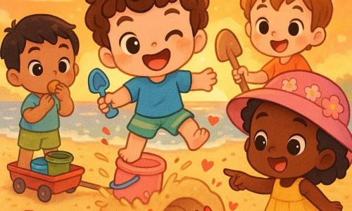 Tomás, 6 anos, feliz e travesso, cabelos castanhos encaracolados, camiseta azul e bermuda listrada, segura uma pá azul; Lia, 5 anos, alegre e atenciosa, com chapéu de flores rosa e vestido amarelo, aponta para um caranguejo; Miguel, 6 anos, curioso e guloso, cabelo curto preto e bermuda verde-limão, come um biscoito à esquerda de Tomás; Tiago, 6 anos, criativo, cabelo castanho, segura uma pá de madeira e um carrinho vermelho e cava atrás; um caranguejo vermelho vivo, sorridente e preso num túnel de areia agita uma garra; praia ao pôr do sol com areia dourada, pequenas ondas e conchas; os quatro riem e escavam um túnel largo para libertar o caranguejo, atmosfera alegre com movimentos dinâmicos, respingos de areia e pequenos corações.