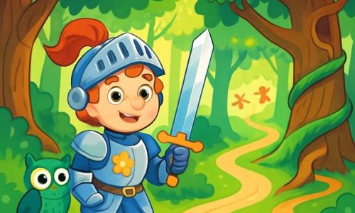 A man, Sir Cedric, stands bravely at the entrance of the forest, his eyes shining with excitement and determination. He wears gleaming armor adorned with dragon patterns, and his sword sparkles under the sun's rays. Beside him, a small emerald-feathered owl, the messenger, watches attentively, ready to guide the knight. The location is the entrance to the Whispering Forest, where tall, gnarled trees rise toward the sky, their bright green leaves filtering the golden light. Colorful flowers blanket the ground, and a light mystical fog hovers between the roots. The main scene shows Sir Cedric hesitating between three paths: one dark and mysterious, another bright and animated by fairies, and the last, winding and majestic, climbing to the ancient tree. The air is filled with palpable magic, and the adventure is about to begin.