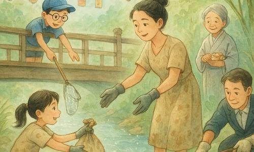 Aki, about 30, calm determined face, black hair in a simple bun, mud-stained beige cotton dress, smiling slightly as she reaches with a gloved hand for a floating bottle; a boy of about 10 with a blue school cap worn askew and round glasses, curious and cheerful, leaning over the bridge railing with a net to catch a plastic bag; a girl of about 8 with a ponytail, impish focused expression, passing a bag of trash to Aki from the bank, feet covered in light mud; Mrs. Nao, about 70, gray hair in a bun, simple patterned kimono, holding a small basket of mochi and smiling warmly from the shade of a riverside cherry tree; the mayor, about 50, rolled-up suit, overly clean gardening gloves, slightly awkward but engaged, helping lift an old bicycle frame near a reed; setting: a small well-worn wooden bridge over a clear, pebble-strewn river with bamboo and reeds on the banks, paper lanterns along the railing, wooden votive plaques hanging on a rope, blue-tinged mountains in the background; scene: a community cleanup with cooperative gestures and smiles, baskets full of trash, splashes of clear water, and soft morning light turning the surface into watercolor strokes and white sparkling highlights.