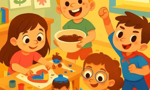There are 4 children: Emma, a 6-year-old girl with long brown hair and sparkling eyes, wearing a pink t-shirt and blue pants, sitting at a table painting a colorful heart with her fingers. Jack, a 7-year-old boy with messy blonde hair and a big smile, wearing a green t-shirt and red shorts, stands next to the table holding a large bowl of cake batter with chocolate splatters on his face. Mia, a 6-year-old girl with curly hair and round glasses, wearing a floral dress, is crouched down cutting paper shapes with colorful scissors. Leo, a 7-year-old boy with brown hair and a mischievous look, wearing a blue t-shirt with a red cape, stands making superhero gestures with chocolate splatters on his cape. The main setting is a bright, colorful classroom with walls decorated with children's drawings, wooden tables covered with colored paper, paint pots, and cakes, illuminated by soft golden sunlight filtering through the windows. The scene shows the children preparing a surprise for Mother's Day, surrounded by colorful creations, laughing and having fun, with a superhero-shaped cake proudly sitting at the center of the table, covered in chocolate splatters.