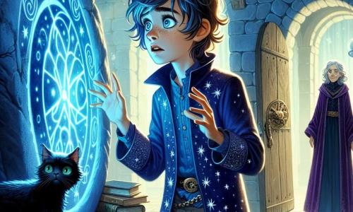 Caio, um jovem bruxo de 11 anos, tem cabelos desgrenhados e olhos brilhantes de curiosidade. Ele veste uma túnica azul-escura decorada com estrelas cintilantes. Seu rosto expressa admiração e um toque de preocupação enquanto se encontra diante de um círculo de pedras antigas, as mãos estendidas em direção à luz azulada que emana. Ao seu lado, Neblina, seu gato preto de olhos verdes penetrantes, esfrega-se em suas pernas, observando atentamente as pedras com uma expressão de mistério. Mais adiante, a diretora Zara, uma mulher idosa com cabelos prateados e um olhar sábio, está na sombra, vestida com um vestido de veludo roxo, observando Caio com um sorriso encorajador. A cena ocorre em um grande salão misterioso, iluminado por globos flutuantes que emitem uma luz suave. As paredes estão cobertas de livros antigos e prateleiras de madeira esculpida, enquanto uma porta secreta está entreaberta, revelando um mundo mágico além. Caio hesita diante do círculo de pedras, entre três caminhos luminosos que se desenham a seus pés, cada um brilhando com uma cor diferente, enquanto ele precisa fazer uma escolha crucial para o futuro das escolas de magia.