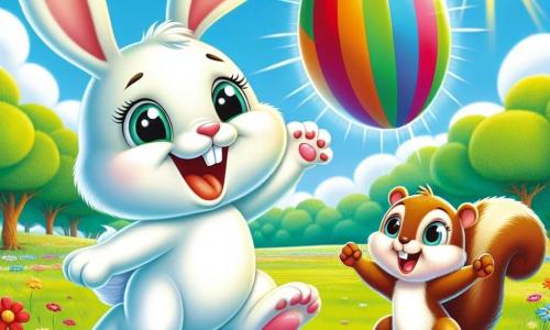 A small rabbit named Benny, with soft white fur, large upright ears, and sparkling joyful eyes, is enthusiastically jumping to catch a shiny, colorful rugby ball. Next to him, a little squirrel named Lucy, with brown fur and a bushy tail, smiles excitedly, her small paws raised, ready to cheer for her friend. The setting is a sunny meadow dotted with colorful flowers, with green trees in the background and a bright blue sky. Benny and Lucy are having fun playing rugby, surrounded by laughter and joy, while the sun shines on their sporting adventure.