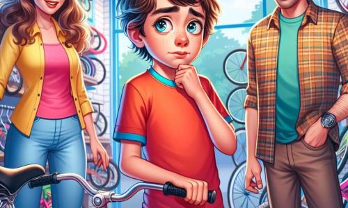 Un băiat de 10 ani, pe nume Andrei, cu părul castaniu și ochi strălucitori, stă în centrul imaginii, având un aer nervos și hotărât. Poartă un tricou roșu și un șort albastru, ținând o bicicletă roșie lângă el, privindu-și părinții cu o expresie de ezitare. La dreapta sa, mama sa, o femeie de aproximativ 35 de ani, cu părul lung și creț, îmbrăcată într-o bluză galbenă, îl privește cu bunăvoință. La stânga sa, tatăl său, un bărbat de aproximativ 40 de ani, cu barbă scurtă și ochelari, poartă o cămașă cu carouri și un zâmbet încurajator. Scena are loc într-un magazin de biciclete luminos, cu rafturi colorate pline de biciclete de toate dimensiunile. Andrei este pregătit să-și mărturisească minciuna pentru a obține bicicleta, iar atmosfera este tensionată, dar plină de speranță.