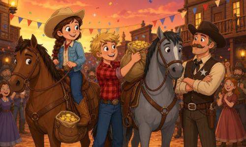 Cowgirl Emma, lächelnd und entschlossen, mit brauner Zopf, beiger Cowgirlhut, hellblauer Jeansjacke und Lederstiefeln hält die Zügel eines braunen Pferdes; der sichtbare Geldsack liegt auf dem Sattel. Der etwa 14-jährige Ben, fröhlich und stolz mit zerzausten blonden Haaren und rotem Karohemd, steht neben ihr und hilft, einen Sack Münzen auf sein graues Pferd zu laden. Der Sheriff, etwa 40 Jahre alt, mit beruhigender Ausstrahlung und silbernem Stern am Weste, wartet mit verschränkten Armen und betrachtet die Szene bewundernd. Auf dem Hauptplatz einer Kleinstadt im Wilden Westen bei Dämmerung mit ockerfarbenem Boden, Holzhäusern und beleuchtetem Saloon feiern die Bewohner im Hintergrund mit einfachen Fahnen und Konfetti, Atmosphäre siegreich, warm, farbenfroh und kindlich-stilisiert.