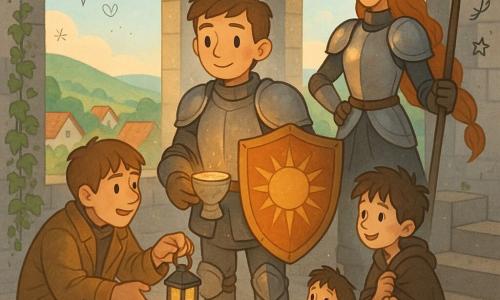 Ein junger Ritter, Sir Leon, bestimmt wirkendes Gesicht, leicht zerbeulte Rüstung und großer Schild mit bronzenem Sonnenornament, hält eine steinerne Schale, aus der warmes goldenes Licht strömt; er lächelt und blickt aufmerksam zum Horizont. Hinter ihm rechts steht die junge Kriegerin Elin (etwa 18), selbstsicher, Lanze erhoben, glänzende Rüstung und lange rote Zopf, beschützend wachend. Links von Leon hockt der schmiedelehrling Tomas (etwa 14), rundes neugieriges Gesicht, staubiger Ledermantel, und reicht einem Kind eine kleine eiserne Laterne. Vor den Stufen steht ein verlorener Junge (etwa 10) in Lumpen, mit leuchtenden Augen und einer Decke, bestaunt das Licht. Schauplatz: Gipfel eines grauen Steinturms mit hohen Bogenfenstern, Blick auf grüne Hügel und rote Ziegeldächer, Efeu an den Mauern und lichtdurchwirbelter Staub. Situation: Moment der Versöhnung und des Teilens — der Ritter reicht die leuchtende Schale dem Dorf unten, die Gefährten bereiten Laternen vor; warme Gold- und Blautöne, sanfte Kontraste, Atmosphäre von Hoffnung und Ruhe.