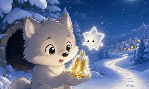 Ein junger hellgrauer anthropomorpher Wolf mit flauschigem Fell und großen glänzenden Augen zeigt einen neugierigen, erstaunten Ausdruck und hält vorsichtig ein kleines goldenes Glöckchen mit Eiskristallen zwischen den Vorderpfoten; daneben schwebt eine kleine, durchsichtige, funkelnde Stern-Fee mit rundem Körper und winzigen Armen, lächelnd und silbernes Licht auf den Schnee werfend; links im Hintergrund rahmen einige schneebedeckte Tannen in einfachen, runden Silhouetten den Eingang einer kleinen dunklen Höhle, rechts führt ein schneebedeckter Pfad mit Pfotenabdrücken im Mondlicht zu einem fernen Dorf mit warm gelben Fenstern; nächtliche Winterszene mit frischem Schnee, tiefblauem Himmel und großer silberner Mondscheibe, magische, sanfte Stimmung und warm-kalter Kontrast zwischen dem goldenen Glöckchen und der eisblauen Landschaft.
