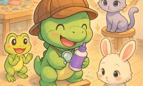 Dino, un mic dinozaur verde de pluș cu o șapcă mare de detectiv maro și o lupă strălucitoare la gât, are o expresie veselă și triumfătoare; ține un flacon de lipici violet în lăbuțe și e ghemuit lângă o cutie mică răsturnată. Broscuța Mică, o broască galbenă cu ochi rotunzi și strălucitori, stă în stânga, zâmbitoare și aplaudând, cu urme de sclipici pe degete. Iepurașul Puf, un iepure alb pufos cu urechi lungi, se înroșește puțin și privește cutia deschisă din dreapta, ținând un nasture verde. Pisica Lila, o pisică lila cu ochi migdalați, stă pe un scaun lângă fereastră, curioasă și relaxată, cu o lăbuță pe pervaz. Atelierul e luminos și colorat: o masă de lemn plină de hârtii decupate, borcane cu vopsea, role de bandă, pachețele cu sclipici și o fereastră rotundă care lasă pătrunde lumină blândă; podea din scânduri deschise cu urme de lipici și sclipici. Scena centrală: descoperirea flaconului de lipici violet într-o cutie mică printre nasturi și materiale, atmosferă caldă, prietenoasă și dinamică, culori pastel vii, textura plușului și a lemnului vizibilă, stil manga copilăros cu linii fine și ochi mari expresivi.
