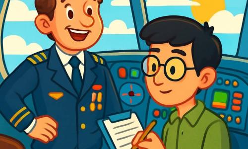 Un hombre, el capitán Mateo, está en la cabina de un avión, con una amplia sonrisa de orgullo en su rostro. Lleva una camisa blanca impecable y una chaqueta de piloto adornada con medallas brillantes. Sus cabellos castaños están ligeramente desordenados por el viento y sus ojos brillan de emoción. A su lado, un joven, Javier, de unos 25 años, observa atentamente los instrumentos de vuelo. Tiene el cabello negro y gafas redondas que le dan un aire estudioso. Javier sostiene un panel de control con una mano y toma notas en una libreta con la otra. La cabina está llena de luces parpadeantes e instrumentos coloridos, con grandes ventanas que ofrecen una vista espectacular de un cielo azul salpicado de nubes blancas y el sol poniente que ilumina el horizonte con una suave luz dorada. La situación principal muestra a Mateo y Javier preparando el vuelo, con Mateo explicando calmadamente a Javier cómo usar los instrumentos. La atmósfera es alegre y llena de anticipación mientras se preparan para despegar hacia nuevas aventuras en el cielo.