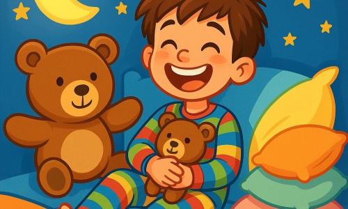 Un niño de 8 años, con cabello castaño desordenado y una gran sonrisa brillante, está acostado en su cama. Lleva un pijama de rayas coloridas y abraza a su oso de peluche, Don Bigotes, contra su pecho. Sus ojos brillan de alegría y emoción. Junto a él, un gran y suave peluche en forma de oso, con una cara amigable y brazos abiertos, parece listo para abrazarlo. Al otro lado de la cama, una pila de almohadas esponjosas, en colores pastel, forma una montaña divertida. La escena tiene lugar en una habitación cálida, con paredes pintadas de azul cielo y estrellas doradas pegadas al techo. Una lámpara en forma de luna ilumina suavemente la habitación, creando una atmósfera mágica. El niño ríe a carcajadas, mientras su cama hace cosquillas, y las almohadas bailan a su alrededor, creando un ambiente alegre y lúdico, lleno de risas y dulzura.