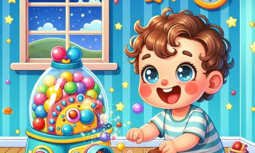 Un bambino di 2 anni di nome Leo, con grandi occhi scintillanti e capelli ricci, è seduto per terra, circondato da caramelle colorate che cadono dal cielo. Ride di gusto, le sue guance rosa e il suo sorriso brillante mostrano la sua gioia. Accanto a lui, una macchina magica dalle forme strane e colorate, con pulsanti brillanti e luci lampeggianti, emette suoni divertenti e ha un'espressione gioiosa, quasi come un volto sorridente. Lo sfondo è una cameretta per bambini decorata con allegria, con pareti dipinte di azzurro, stelle dorate appese al soffitto e giocattoli sparsi. Una finestra aperta fa entrare la luce della luna, aggiungendo un'atmosfera magica alla scena. Leo è stupito dalla pioggia di caramelle che cade intorno a lui, mentre la macchina magica continua a creare sorprese divertenti, trasformando le dolci in patate e palloni colorati, riempiendo la stanza di risate e meraviglia.