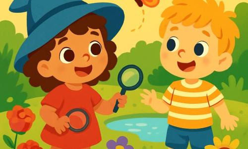 A 2-year-old girl with big, bright eyes and curly hair wears a magical blue hat. She smiles in wonder, holding a small plastic magnifying glass, ready to explore her garden. Next to her, a 3-year-old boy with messy blonde hair and a striped t-shirt curiously watches a colorful butterfly fluttering around them. The garden is filled with vibrant flowers, such as red roses, yellow sunflowers, and violets. A small pond sparkles in the sun, surrounded by tall green bushes and grasses. In this scene, the little girl is about to follow the butterfly, her eyes sparkling with joy and excitement, while the little boy encourages her with a big smile.