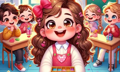 O fetiță de 8 ani, numită Elena, cu părul lung și buclat și un zâmbet strălucitor, se află în centrul scenei, ținând o cutie colorată plină cu bilete mici. Ochii ei strălucesc de emoție și bucurie, în timp ce îi privește pe colegii ei cu entuziasm. Lângă ea, o fetiță cu părul împletit, Ana, tot de 8 ani, zâmbește larg primind un bilet, obrașii ei fiind ușor rumeniți de entuziasm. Un băiat cu ochii sclipitori, Mihai, stă puțin mai în spate, râzând și așteptându-și rândul, cu brațele încrucișate pe piept. Scena are loc într-o clasă luminoasă, decorată cu inimi din hârtie roșie și roz suspendate de tavan. Birourile sunt împodobite cu bomboane colorate și prăjiturele în formă de inimă, creând o atmosferă festivă și călduroasă. Elena distribuie cu bucurie complimente scrise pe bilete colorate prietenilor săi, creând un moment de împărtășire și fericire, unde fiecare copil se simte special și iubit.