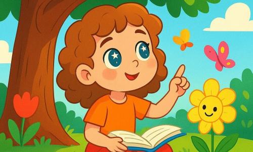 Uma menina de 4 anos, Lili, com olhos brilhantes como estrelas e cabelos cacheados, está sentada sob uma grande árvore com folhas verdes vibrantes. Ela exibe um sorriso curioso e sonhador, segurando um livro aberto em seu colo, com as páginas dançando suavemente ao vento. Ao seu lado, uma pequena flor amarela, com pétalas delicadas e um rosto sorridente, parece sussurrar segredos para ela. O local é um jardim encantado, repleto de flores coloridas e borboletas dançantes, onde o sol filtra através dos galhos, criando sombras dançantes no chão. Lili, maravilhada, faz uma pergunta ao vento, enquanto as flores ao seu redor parecem ouvir atentamente, criando uma atmosfera mágica e cheia de mistério.