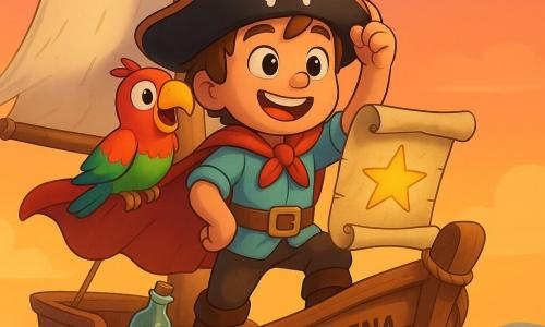 Tomás, um jovem pirata de cerca de 8–10 anos, rosto redondo, cabelo castanho despenteado e sorriso confiante, está na proa do pequeno barco de madeira Pequena Onda segurando um velho pergaminho com uma estrela desenhada, capa ao vento e uma mão no chapéu; o papagaio colorido Pingo (vermelho, verde e amarelo) pousado no ombro direito o incentiva enquanto o barco, com um amurado gasto, cordas grossas e vela branca ligeiramente rasgada, flutua numa maré suave de ondas luminosas com reflexos alaranjados do pôr do sol; no convés há uma garrafa meio cheia junto aos pés de Tomás, o pergaminho tremula e ele aponta-o para o horizonte com expressão entusiasmada e determinada, pronto para a aventura.