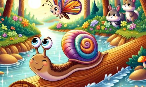 Un caracol llamado Pepito, con una concha colorida en espiral y ojos brillantes de curiosidad, avanza rápidamente sobre un tronco flotante en un arroyo centelleante, mostrando una expresión de determinación y alegría. A su lado, una mariposa llamada Lila, con alas multicolores y translúcidas, vuela graciosamente, sonriendo con entusiasmo, mientras un pequeño conejo llamado Bruno, con pelaje suave y orejas grandes, los observa desde la orilla, con los ojos abiertos de admiración. El escenario es un hermoso bosque encantado, lleno de árboles con troncos retorcidos y flores brillantes que bailan al viento, mientras el sol se pone, pintando el cielo de tonos dorados y rosados. La escena muestra a Pepito y Lila cruzando el arroyo sobre los troncos, simbolizando su valentía y amistad en esta aventura mágica.