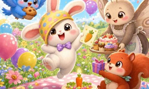 The main character is a chibi white rabbit with round shiny eyes, pink cheeks and a big smile, wearing an oversized party hat slipping over one eye, holding a card with a golden carrot sticker and joyfully jumping in a dynamic pose; a soft-feathered blue chibi bird smiling and holding a warm muffin hovers just above the rabbit’s head to the left; a red chibi squirrel with sparkling eyes sits on a blanket to the right offering a small purple gift box; Mrs. Moth, a round friendly moth in an apron, stands behind the group placing a tray of cakes on the cloth; the scene is Sunbeam Meadow with tender green grass, colorful flowers, pastel bunting, floating balloons and a polka-dot cloth, under a light blue sky with fluffy clouds; the overall situation is a bright, joyful birthday party with confetti, balloons and a decorated cake topped with a small wax carrot and candle.