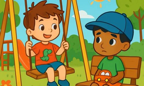 Există două personaje principale: Luca, un băiat de 5 ani, cu părul castaniu și ochi strălucitori, îmbrăcat într-un tricou roșu cu un dinozaur și o pereche de pantaloni scurți albaștri, stând pe o leagăn și zâmbind prietenos către Amir; și Amir, un băiat de 5 ani, cu părul negru și ten măsliniu, purtând o șapcă mare albastră și un tricou verde, stând singur pe o bancă de lemn, ținând în mâini o mașinuță de plastic, având un aer puțin timid. Acțiunea se desfășoară într-o curte de joacă însorită, înconjurată de copaci verzi și flori colorate, cu jocuri din lemn, leagăne și un tobogan roșu aprins, iar râsetele altor copii se aud în aer. Povestea ilustrează cum Luca, stând pe leagăn, îl privește pe Amir de pe bancă, întrebându-se cum să-l invite să se joace împreună, în timp ce Amir pare puțin trist și izolat. Cei doi băieți sunt pe cale să facă un pas spre prietenie.