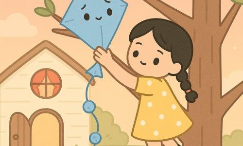 The main character is Kiki, a small bright-blue fabric kite with a long pompom tail and a relieved, shy expression, perched on a high fragile branch with slightly crumpled corners; secondary is Meera, a little girl with black hair in two braids wearing a yellow polka-dot dress and a gentle, determined look, who carefully climbs the tree and gently lowers Kiki in a protective, calm gesture; in the background left behind the tree is a cream wooden cottage with a round window, red curtains, an open door and warm light; the sky is a soft pink-orange twilight with cottony clouds and faint stars, the ground a grassy meadow with simple flowers and drawn footsteps leading to the tree, overall a safe, comforting mood with soft colors, rounded silhouettes and a centered composition.