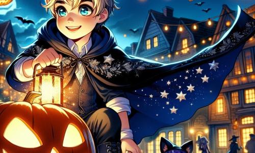 A 12-year-old boy named Theo stands on a pile of hay bales, wearing a navy blue cape adorned with silver stars, his face illuminated by the glow of a magic lantern. His eyes shine with excitement and curiosity, and a broad smile reveals his enthusiasm for Halloween adventure. Beside him, his 8-year-old sister Mia, wearing cat ears and a witch costume, with rosy cheeks from the cold and excitement, watches him with admiration. In the background, a large carved pumpkin with glowing eyes and a mischievous smile sits in the center of a lively square, surrounded by houses decorated with cobwebs and flickering lanterns. The scene is set in a festive and mysterious atmosphere, where the magic of Halloween fills the air as Theo prepares to light the giant pumpkin with his lantern, ready to brighten the night.