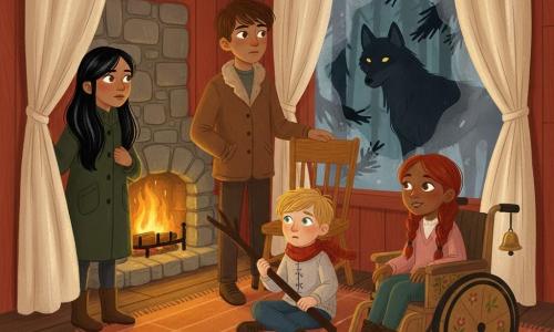 Four children in a warm, paneled red wooden cottage by a dark pine forest: Clara, 12, long glossy black hair and hazel eyes, wearing a dark green coat, stands left by the fogged window with one hand on the closed cream curtain; Theo, 14, tall and calm with short chestnut hair and a brown wool jacket, stands slightly right behind Clara with a protective hand on a chair back; Jonas, 10, small and lively with tousled blond hair and a red scarf, sits center on the thick brick-colored rug holding a large wooden stick, worried but curious; Elsie, 9, red hair in a braid in a painted wooden wheelchair with a small bell hanging from it, sits front right near the hearth with a reassuring smile. Thick curtains are drawn, a fire casts a golden-orange glow against the cold, wet darkness outside where, through branches, the yellow eyes of a thin dark wolf watch them from the shadowed pines, creating a tense yet secure atmosphere.