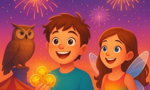 12-year-old boy center, round face, tousled light-brown hair, bright eyes, euphoric amazed expression, holding four sparkling gold tokens; about 11-year-old girl to his right in a rainbow fairy dress with slightly glowing translucent wings, smiling widely and watching fireworks; wise old owl on a pedestal behind them with detailed brown-ochre feathers, gentle gaze and partly open wings as if blessing the scene; carnival square at twilight with red-and-yellow striped tents, warm string lights, a glossy horse carousel with sparkling mirrors, drifting confetti; multicolored fireworks bursting in a purple-orange gradient sky with luminous trails and golden sparks reflecting on faces; joyful mood, saturated colors, strong contrast, smooth textures and rounded shapes, clear centered composition suitable for children.