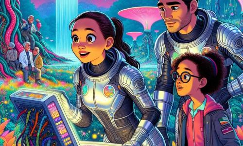 Lara, una donna di circa trent'anni con capelli castani raccolti in una coda di cavallo, indossa una tuta spaziale brillante e futuristica. Il suo viso esprime eccitazione e meraviglia mentre osserva un magnifico paesaggio extraterrestre, con gli occhi spalancati dalla curiosità. Accanto a lei, Marco, un uomo di circa 35 anni con occhiali e barba ben curata, esamina con concentrazione strumenti scientifici, circondato da cavi e luci lampeggianti, lanciando sguardi ammirati verso Lara. Sara, una giovane donna di vent'anni con capelli ricci e pelle chiara, sta raccogliendo campioni di piante colorate, affascinata dalla loro bellezza. Il paesaggio è un mondo alieno vibrante, con alberi giganti dai tronchi multicolori, fiori luminescenti e un cielo punteggiato di stelle scintillanti. In lontananza, una cascata d'acqua cristallina scende da rocce scintillanti, aggiungendo un tocco di magia a questo paesaggio fantastico. La scena principale mostra Lara e il suo team che scoprono questo nuovo ambiente, pieni di meraviglia ed eccitazione, pronti a esplorare le meraviglie di questo mondo sconosciuto.