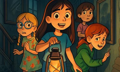 There are 4 children: Mia, a 10-year-old girl with long brown hair and sparkling eyes, wearing a blue t-shirt and denim shorts, stands in the center holding an old lantern that illuminates her curious face. Zoe, a 9-year-old girl with braided blonde hair and round glasses, wearing a floral dress, looks around with a mix of excitement and fear, slightly to the left of Mia. Lila, a 10-year-old girl with red hair and freckles, in a green hoodie and black pants, is to the right of Mia, leaning towards an old photo on the wall, fascinated. Emma, a 10-year-old girl with brown hair and bangs, wearing a pink t-shirt and jeans, stands behind Mia with crossed arms, showing a worried expression. 

The setting is an old abandoned house with decrepit wooden walls and dusty windows. The light from Mia's lantern casts dancing shadows on the worn wooden floor. Cobwebs hang from the corners, and an old tarnished mirror reflects blurry silhouettes. The atmosphere is dark and mysterious, with a slight mist floating in the air. 

The main scene shows the children exploring the house, with Mia holding the lantern ahead, lighting the way. The other children look around, intrigued and a bit scared, while mysterious whispers seem to echo in the air, adding a touch of anxiety to their adventure.