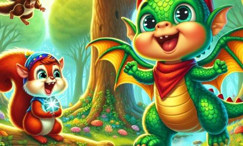 Un pequeño dragón verde llamado Roco, con escamas brillantes como esmeraldas, vuela alegremente sobre un árbol, con una gran sonrisa en su rostro y ojos llenos de emoción. A su lado, una ardilla roja llamada Lila, con una cola esponjosa y ojos traviesos, salta de rama en rama, riendo de felicidad. Un pequeño duende llamado Tico, con orejas puntiagudas y una túnica colorida, está sobre una piedra al borde de un arroyo, con los ojos abiertos de sorpresa y alegría, sosteniendo una piedra brillante que encontraron juntos. El escenario es un hermoso bosque encantado, lleno de árboles de colores vivos, flores brillantes y un arroyo de aguas cristalinas que refleja la luz del sol. La situación principal muestra a Roco, Lila y Tico celebrando su descubrimiento mágico, rodeados de una atmósfera de amistad y aventura.