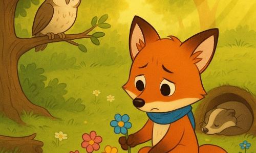 Die Hauptfigur ist ein kleiner rotbrauner Fuchs namens Finn, traurig aber gefasst, mit leuchtend haselnussbraunen Augen, weichem Fell und einem kleinen blauen Schal, kniend und behutsam bunte Blumen pflanzend; Nebenfigur Bruno, ein alter Dachs mit graubraunem Fell und friedlichem Gesicht, schläft eingerollt am Eingang eines Baues im Hintergrund; Nebenfigur Olga die Eule sitzt auf einem dicken Ast einer nahen Eiche, creme- und bräunliches Gefieder, sanfter Blick und beobachtet die Szene von links; Schauplatz eine lichtdurchflutete Waldlichtung an einem kleinen Bach, grünes Gras mit Gänseblümchen und Kornblumen, Moosstamm und goldene Sonnenstrahlen durch das Laub; Situation: Finn legt vor dem Bau einen kleinen Gedenkgarten aus leuchtenden Blumen an, setzt einen bemalten Stein nieder und flüstert einen zärtlichen Abschied, melancholische aber ruhige Stimmung, warme Farben und weiche Konturen.