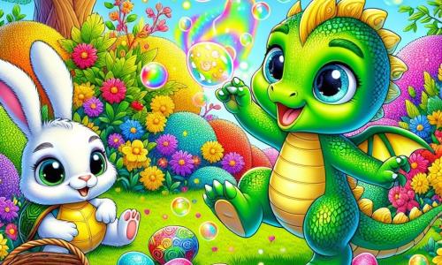 Un pequeño dragón llamado Dimi, con escamas verdes brillantes y ojos chispeantes de alegría, está saltando de felicidad en medio de un jardín colorido, rodeado de flores vibrantes de todos los colores. Sopla burbujas de jabón multicolores que flotan a su alrededor, creando una atmósfera mágica. A su lado, una tortuga llamada Tula, con un caparazón rayado de verde y amarillo, mira a Dimi con una sonrisa maravillada, sus ojos redondos brillando de emoción. Está sentada en la hierba, lista para ayudarlo en su búsqueda. Un pequeño conejo llamado Buni, con un pelaje blanco esponjoso y grandes orejas, salta alegremente cerca de Dimi, sus ojos brillando de entusiasmo. Lleva una pequeña cesta de mimbre llena de huevos de colores, listo para esconderlos. El lugar es un jardín encantador, lleno de flores vibrantes, arbustos frondosos y un gran árbol majestuoso bajo el cual se esconde un huevo dorado brillante, iluminado por los rayos del sol. La situación principal muestra a Dimi y sus amigos en plena búsqueda del huevo dorado, rodeados de burbujas coloridas y risas, mientras descubren un mundo mágico lleno de sorpresas y amistad.