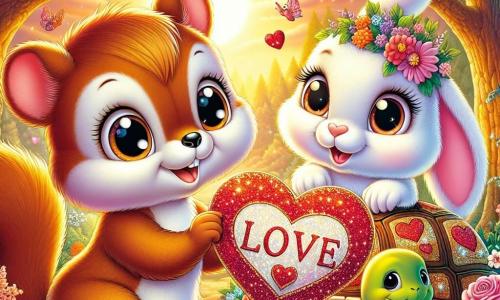 Un giovane scoiattolo dal pelo marrone e morbido, con grandi occhi brillanti di curiosità e una piccola coda folta, si trova al centro dell'immagine, tenendo un bel messaggio d'amore a forma di cuore. Sorride radioso, traboccante di eccitazione e gioia. Alla sua destra, una timida coniglietta dalle lunghe orecchie e dal pelo bianco, con guance rosa, guarda il messaggio con meraviglia, i suoi occhi scintillanti di felicità. Sta decorando una grande tartaruga a forma di cuore con fiori colorati, aggiungendo un tocco di magia alla scena. Lo sfondo è una foresta incantata, illuminata dalla luce dorata del sole al tramonto, con alberi maestosi dalle foglie verdi, fiori dai colori vivaci e piccoli uccelli che cantano tra i rami. La scena principale mostra lo scoiattolo che, con un'aria complice, rivela il messaggio d'amore alla coniglietta, creando un momento tenero e gioioso, pieno di promesse e amicizia, nel cuore della festa di San Valentino.