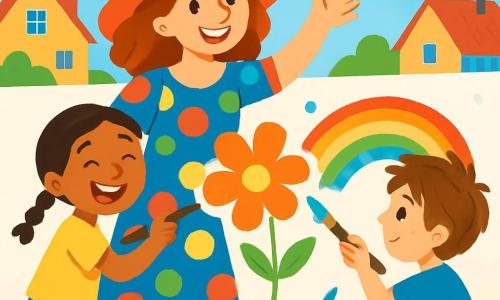 Mila, een blije vrouw van een dertig jaar, draagt een grote kleurrijke jurk en een brede rode hoed. Haar stralende ogen en glimlach tonen haar enthousiasme terwijl ze kinderen begeleidt in hun artistiek project. Noor, een 8-jarig meisje met vlechten en een gele t-shirt, schildert een grote oranje bloem met veel gelach. Tom, een 7-jarig jongetje met rommelig bruin haar, concentreert zich op een mooie regenboog die hij maakt met felle kleuren. De locatie is een grote buitenruimte, een mooi dorp met kleurrijke huizen op de achtergrond, en een witte muur die dient als canvas voor hun gezamenlijke werk. Multikleurige verfpotten liggen verspreid om hen heen, en kwasten van alle maten zijn klaar voor gebruik. De belangrijkste situatie toont Mila en de kinderen die samen op de muur schilderen, hun gezichten verlicht door vreugde en creativiteit, terwijl ze kleuren mengen en stralende vormen tekenen onder een zonnige blauwe lucht.
