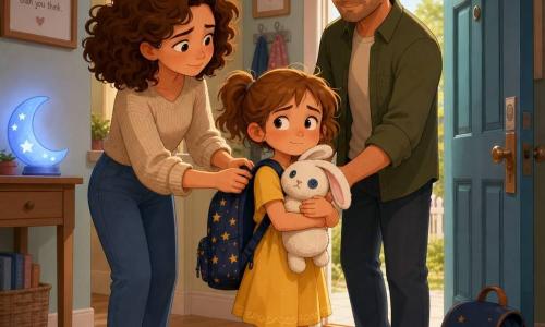 Six-year-old girl with messy light-brown pigtails, round freckled face, worried yet brave expression, clutching a white bunny named Buttons; she wears a navy backpack with gold stars, a yellow dress and striped socks, standing in a doorway ready to leave. Mother, about 34, with curly brown hair and a gentle, slightly sad expression, hands on the bag handle to the left, leaning toward the girl. Father, about 36, with short hair and light beard, kind but reserved, holding the bag handle to the right and slightly withdrawn near the entrance. Bright hallway with pastel walls, light wood floor, a small table with a moon nightlight casting a bluish glow and a school bag by the door. The girl is about to leave for one parent's home; the scene is soft and emotional, triangular composition, warm window light, tender colors and reassuring expressions.