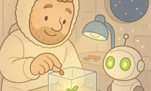An adult man, Mr. Leo, with a round smiling face, gentle eyes and light beard, wearing a cream puffy spacesuit, calmly places a small seed into a transparent box while a small robot named Pip, with a round white metal body and bright green LED eyes, rolls at his right near a panel and emits small lights as it watches; the compact lunar lab has pale stone curved walls, a round window showing a starry sky, a table with tools and a soft blue lamp illuminating the glass box, and the scene is gentle, intimate and peaceful with soft textures, light shadows and pastel colors.