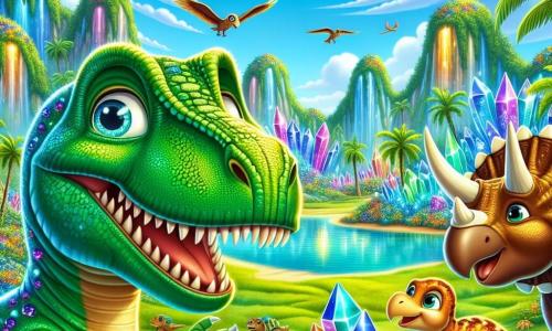 Um Tyrannossauro Rex, com uma pele verde brilhante e escamas cintilantes, está no centro da imagem, com os olhos brilhando de curiosidade e um largo sorriso mostrando seus dentes afiados. Ao lado dele, um tricerátopo de pelagem marrom e chifres dourados, com olhos suaves e uma expressão amigável, observa o T-Rex com entusiasmo. Um diplodoco, grande e esguio, se inclina levemente, com seus longos cílios tremulando ao vento, enquanto observa a cena com um sorriso benevolente. O cenário é um magnífico vale escondido, repleto de cristais coloridos brilhando sob o sol, cercado por palmeiras luxuriantes e flores vibrantes. Ao fundo, um lago de água turquesa reflete o céu azul, enquanto pássaros coloridos voam acima. A cena mostra o T-Rex e seus amigos descobrindo o tesouro escondido do vale, maravilhados com a beleza ao seu redor, com expressões de alegria e admiração em seus rostos.