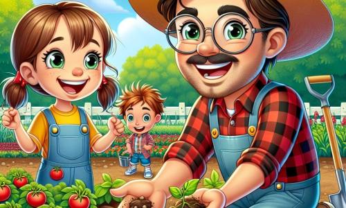 A cheerful man, Farmer Ben, wears a large straw hat and a red and blue checkered shirt. He has a wide smile on his face, with sparkling eyes of happiness, as he shows the children how to plant seeds in the garden. His hands are full of dirt, reflecting his love for gardening. A little girl named Mia, about 8 years old, stands next to him, with brown hair tied in two pigtails. She looks in awe at the seeds she just planted, her hands dirty, and smiles broadly. A boy named Timmy, also 8 years old, is slightly behind, wearing round glasses and messy hair. He holds a small plastic shovel, ready to help Farmer Ben, with eyes shining with excitement. The garden is filled with rows of colorful vegetables, including red tomatoes, orange carrots, and lush green leaves. In the background, a clear blue sky dotted with white clouds and a field of sunflowers swaying gently in the wind can be seen. The main scene shows Farmer Ben teaching the children how to plant seeds in the fertile soil, surrounded by laughter and enthusiasm, creating a magical moment of discovery and learning on the farm.