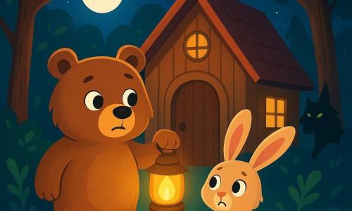 A brown bear named Bram, with soft fur and round, curious eyes, stands in front of his small wooden house, looking both attentive and a bit worried. He holds a golden lamp that warmly shines in the night. Next to him, a small rabbit named Willow, with long, silky ears, looks around with wide eyes, her face showing slight fear but also determination. The setting is an enchanted forest, with majestic trees and green leaves dancing in the wind, while the moon casts its silver light on the path. The scene takes place at dusk, as mysterious shadows loom between the trees. Bram and Willow stand by the door of the house, ready to face the unknown, while a dark silhouette of the big bad wolf lurks in the background, its bright green eyes watching the golden light of the lamp.