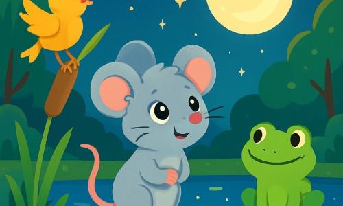 A little mouse named Mira, with soft gray fur and bright star-like eyes, stands on a small rock by a pond. She looks curious and amazed, her little ears perked up and her tail twitching. Next to her, a small bird named Pip, with bright yellow feathers and a pointed beak, joyfully sings while flapping his wings, perched on a reed. A green frog named Bobo, sitting on a large lily pad, watches Mira with round, mischievous eyes, ready to jump. The setting is a peaceful pond surrounded by tall trees with shiny leaves, under a starry sky where the moon shines like a large silver fruit. Sparkling reflections in the water create a magical atmosphere. Mira sings a little melody, listening to the soft song of the moon resonating in the cool night air.