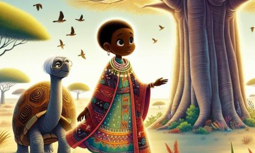 Amina, a 10-year-old African girl, stands in front of a majestic Baobab tree, her eyes shining with curiosity and determination. She wears a colorful dress with traditional patterns and a beautiful shimmering necklace around her neck that emits a soft glow. Beside her is a wise old turtle with a shell adorned with natural patterns, moving slowly and looking at Amina kindly, symbolizing wisdom and offering support. The setting is an African savanna bathed in golden light, with tall grasses swaying in the wind and colorful birds flying in the blue sky. In the background, gentle hills and scattered trees create a peaceful and magical atmosphere. The main scene shows Amina, amazed, reaching out to the glowing necklace offered by the Baobab, while the turtle watches her with a wise expression, as if knowing this encounter will change her life.