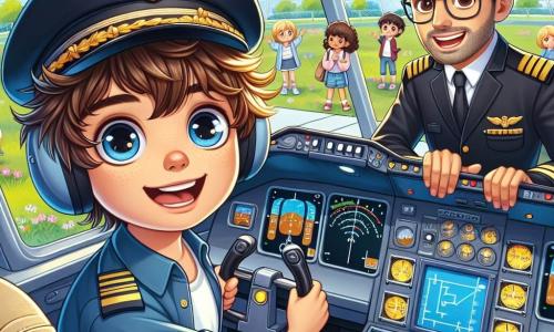 Um jovem chamado Pedro, com cerca de 12 anos, está dentro de um cockpit de avião, com os olhos brilhando de excitação e um grande sorriso no rosto. Ele tem cabelos castanhos bagunçados, usa um boné de piloto e uma camisa azul com ombreiras douradas. Pedro está concentrado nos comandos do avião, pronto para decolar. Ao lado dele, um instrutor de voo, um homem de cerca de 30 anos com óculos e barba bem cuidada, dá conselhos com um ar encorajador. Ele veste uma jaqueta de piloto e um crachá no peito. Ao fundo, crianças do parque, incluindo uma menina chamada Sofia, de 10 anos, observam maravilhadas pela janela do cockpit, com cabelos loiros ao vento. O local é um cockpit de avião moderno, com painéis de controle coloridos, telas brilhantes e botões piscando. Do lado de fora, vê-se um céu azul com nuvens brancas e uma paisagem verdejante se estendendo até onde a vista alcança. A cena principal mostra Pedro, pronto para seu primeiro voo solo, com uma expressão de determinação e alegria, enquanto o instrutor lhe dá instruções e as crianças admiram a cena com rostos maravilhados.