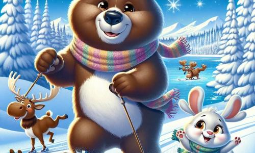 In een betoverend winterlandschap staat een grote bruine beer genaamd Boris in het midden, met glanzende ogen van opwinding en een brede glimlach. Hij glijdt op ski's, zijn klunzige maar blije poten laten sporen achter in de glinsterende sneeuw. Naast hem springt Kiki, een klein konijn met grote oren en een witte vacht, van blijdschap, met sprankelende ogen. Ze draagt een kleurrijke sjaal en moedigt Boris enthousiast aan. Iets verderop applaudisseert Timmy, een ondeugende eland met een bruine vacht en ondeugende ogen, lachend met zijn kleine poten in de lucht. De achtergrond is een prachtig besneeuwd bos met majestueuze dennen bedekt met sneeuw, zachte sneeuwvlokken die uit de heldere blauwe lucht vallen, en een groot bevroren meer dat in de zon schittert, waar andere dieren in de verte spelen. De scène toont Boris die voor de eerste keer leert skiën, omringd door zijn vrienden, in een vrolijke en vriendschappelijke sfeer, die de magie van de winter en het belang van vriendschap illustreert.