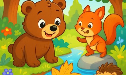 Ein kleiner brauner Bär namens Bruno mit weichem, seidig glänzendem Fell steht am Ufer eines glitzernden Baches, seine Augen leuchten vor Aufregung und Neugier. Er schaut auf ein wunderschönes goldenes Laub, das auf dem Wasser schwimmt, sein breites Lächeln zeigt sein Staunen. Neben ihm springt ein kleiner frecher Eichhörnchen namens Lilli mit ihrem strahlend roten Fell und buschigem Schwanz fröhlich auf einem Stein, ihre Augen funkeln vor Freude. Ein kleiner Igel namens Max mit braunen Stacheln und schüchternem Blick versteckt sich hinter einem großen Stein und beobachtet die Szene bewundernd. Der Ort ist ein grüner Wald, durchflutet von goldenem Licht, mit majestätischen Bäumen, üppigem Laub und bunten Blumen am Bachufer. Die Hauptsituation zeigt Bruno, Lilli und Max, die gemeinsam ein wertvolles leuchtendes Laub entdecken, Symbol ihrer Abenteuer und Freundschaft.