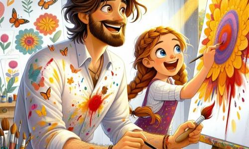 A man, Leo, is a passionate artist in his thirties, with messy brown hair and a light beard. He wears a colorful shirt splattered with paint and has a big smile, his eyes sparkling with excitement as he paints a vibrant mural of flowers and butterflies on a large white wall. Next to him, a young girl, Emma, about 8 years old with braided blonde hair and bright eyes, is enthusiastically painting, holding a brush in one hand and a pot of red paint in the other. Their studio is a magical place, filled with colorful canvases, scattered paint pots, and brushes of all sizes, with golden light filtering through a large window, illuminating the scene. The main situation shows Leo and Emma in the midst of creation, laughing and sharing ideas as they add finishing touches to their mural, symbolizing their friendship and shared passion for art.