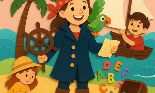The main character is a joyful, courageous pirate woman with a wide smile and bright eyes, wearing a navy coat with gold buttons, a red polka-dot scarf and leather boots, holding the ship’s wheel in one hand and a crumpled map in the other; Squeaky, a small mischievous bright-green parrot, perches on her right shoulder flapping toward the treasure; Tilly, a 9-year-old girl in a round hat and yellow dress, digs with a wooden shovel in the sand to the pirate’s left near a large palm; Max, an 11-year-old boy with oversized boots, laughs as he helps raise a white sail on a boat in the background; Bubble, a small grey tabby cat, purrs curled in a wooden crate on the deck near the pirate’s feet; location: a small round island with golden sand, a tall vivid-green palm, silver shells, turquoise sea with gentle waves and a pale pink sky; main scene: they have just opened a smiling round chest on the beach that reveals colorful letters floating like butterflies, in bright warm light with paper-cut textures and strong contrasts.